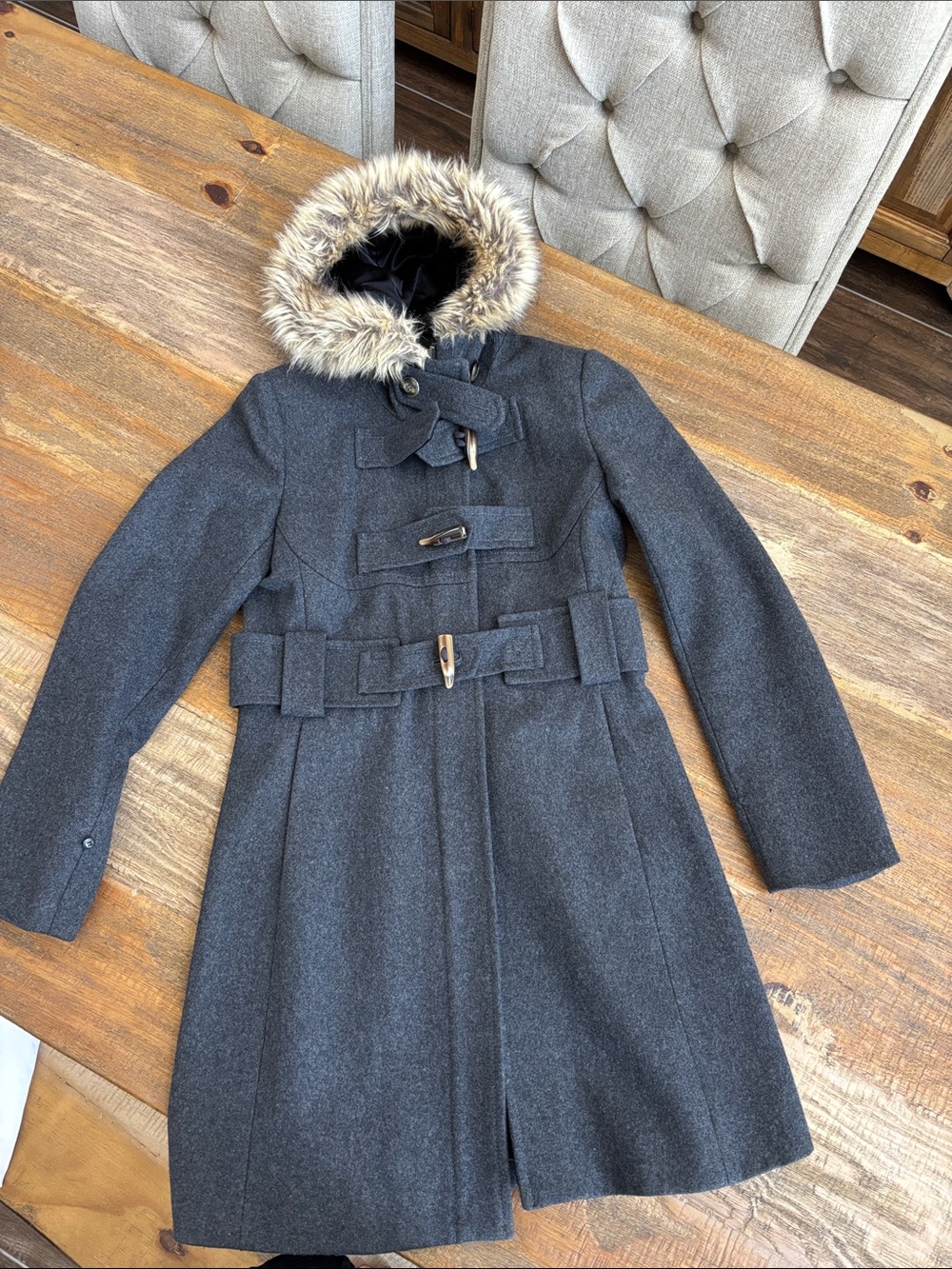 elevenses Charcoal Gray Wool Blend Pea Coat with Faux Fur Trim